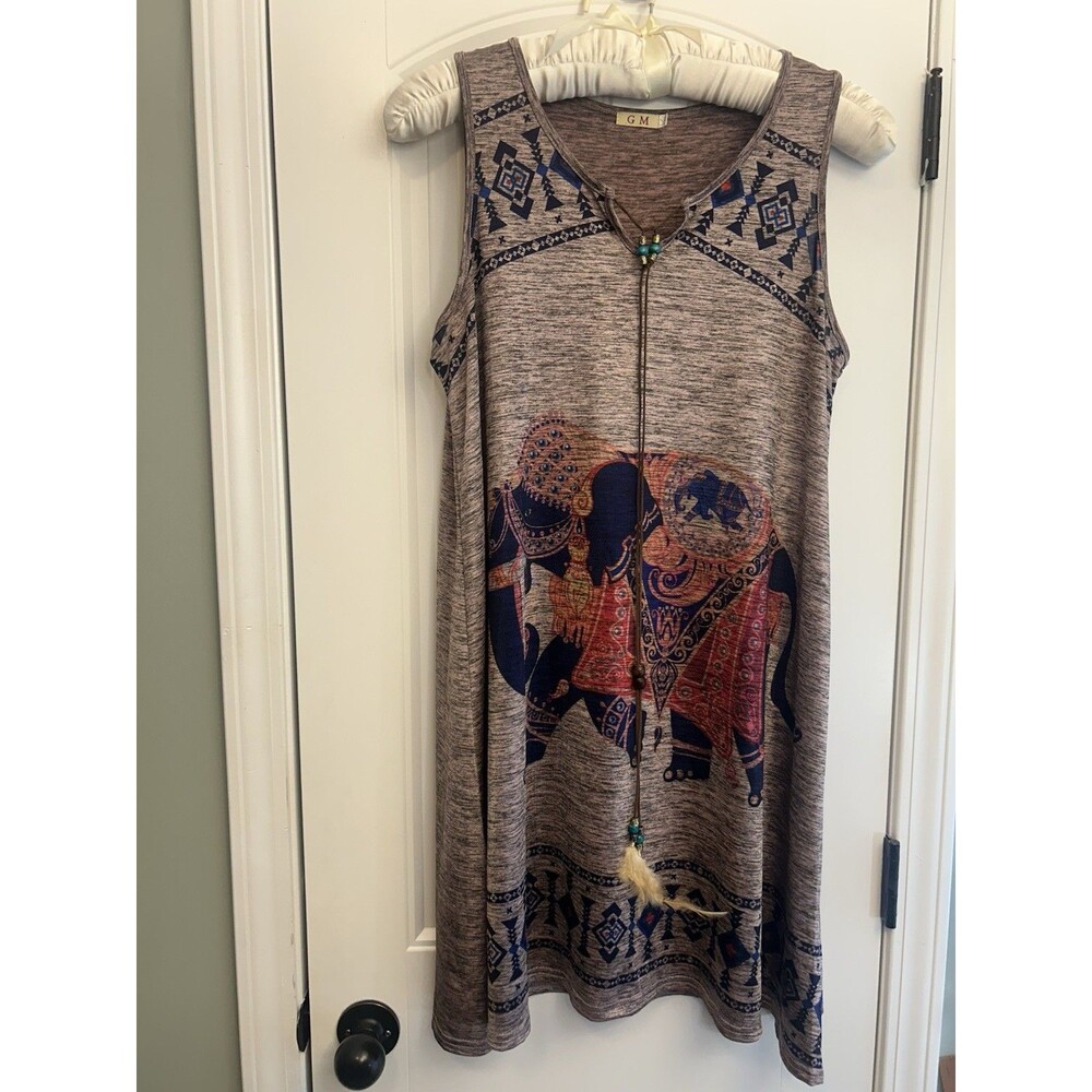 GM Women’s L/XL Boho Elephant Print Sleeveless Tunic Dress Feather Tie Brown Top - Picture 12 of 16